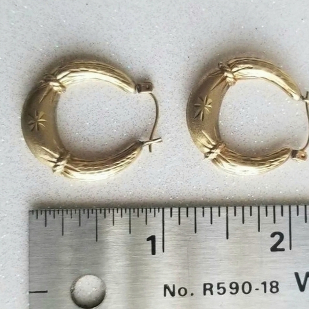 Engraved 10k Hoop Earrings with Star Motif - Picture 6 of 11